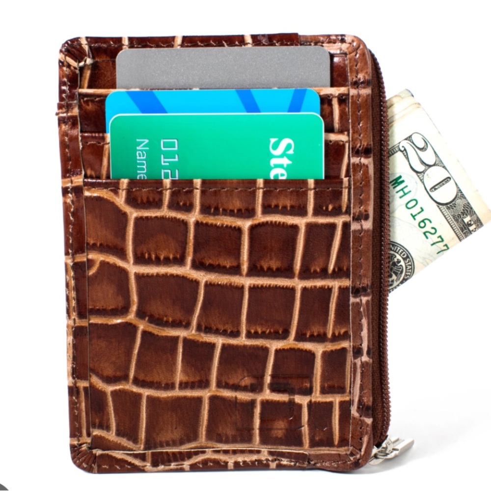 ID Stronghold Vegan Leather RFID Blocking Mini Wallet Brown Croc Embossed NEW - Picture 1 of 8